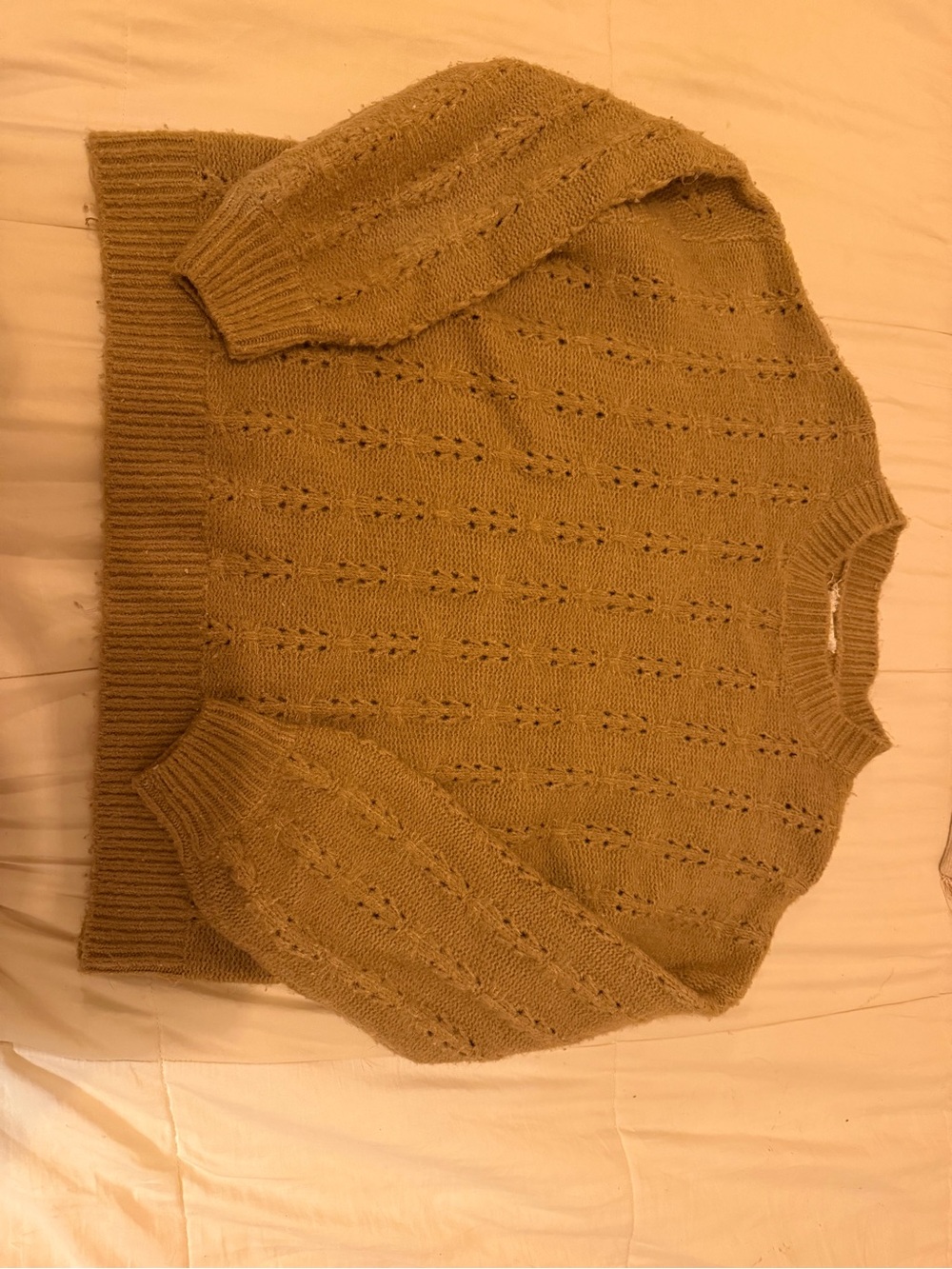 Open-Knit Crewneck Sweater in Camel